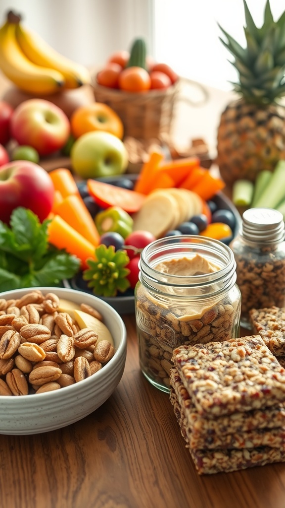 An appealing array of snacks including fruits, vegetables, nuts, and granola bars on a wooden table.